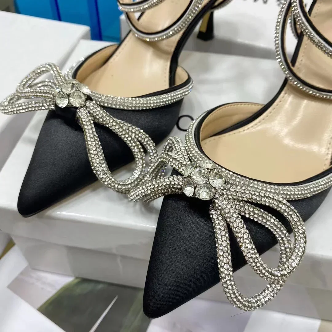 Fashion Pointed Toe Satin Luxury Rhinestone Big Bowknot Twine Women Sandals Summer Gladiator Banquet Party Wedding High Heels