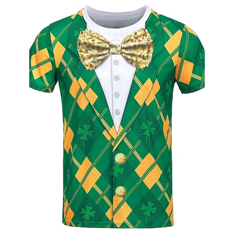 2025 St Patrick Day Lucky T-shirt For Men Funny Street Short Sleeve T Shirts Role Playing Fake Lapel Print Graphic Trend Tee