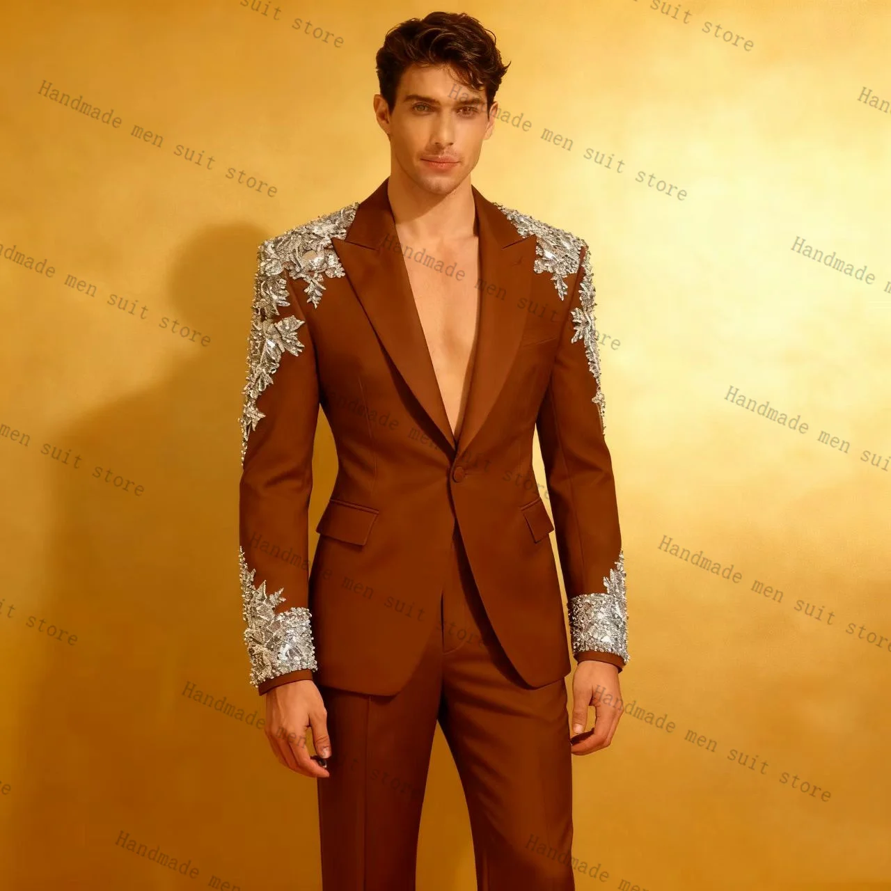 

Brown Men Suit Set 2 Piece Crystals Blazer+Pants Prom Wedding Tuxedos Coat Cotton Customized Formal Office Fashion Jacket