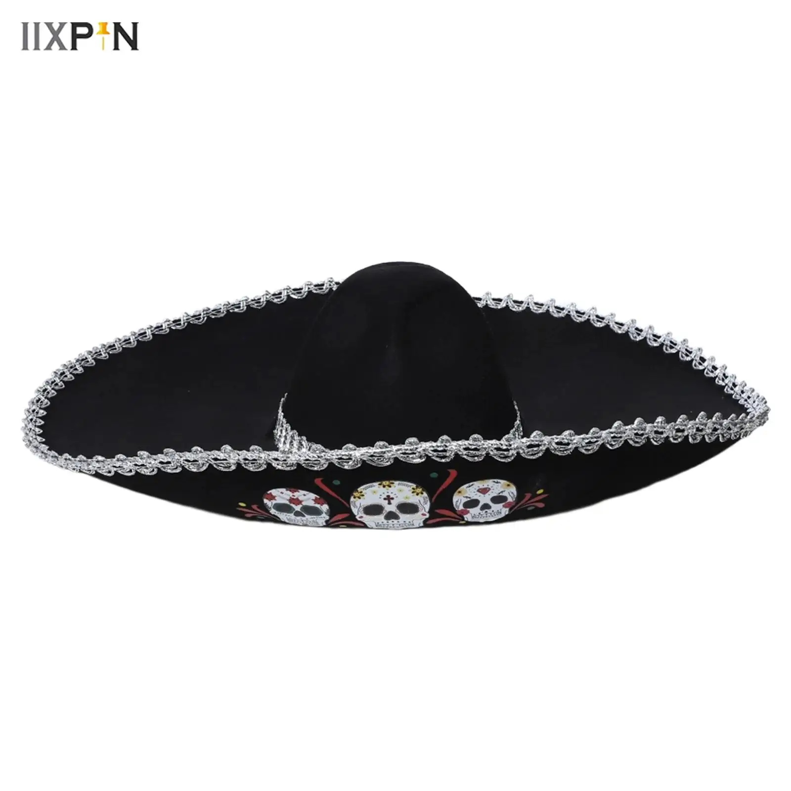 

Adults Kids Mexican Hat Metallic Braid Wide Brim Skull Patterned Corned Hat Festival Costume Accessory for Halloween Carnival