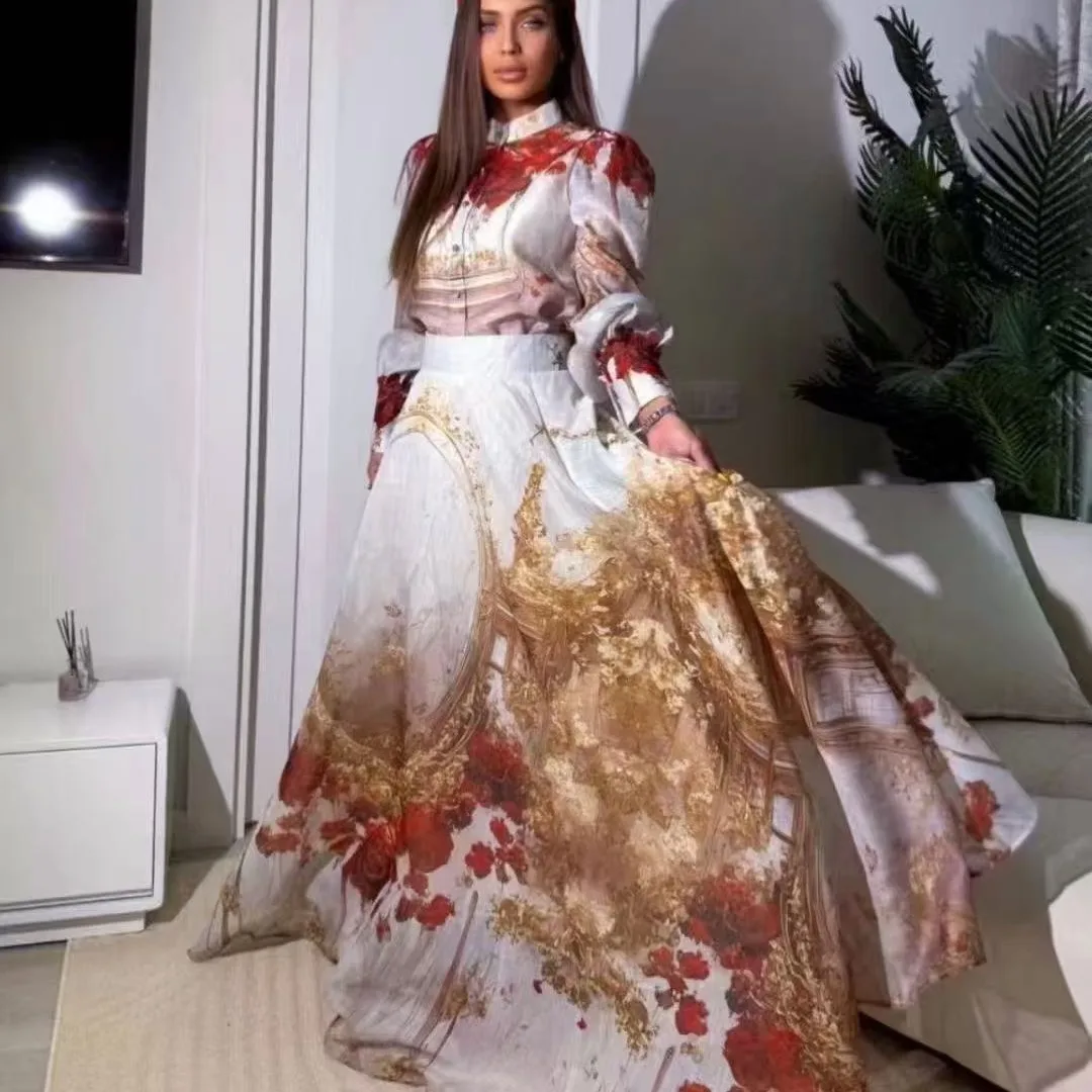 

Австралийская осень 2024, новый комплект с розовым принтом и большой юбкой с эластичной резинкой на талии, комплект из двух предметов Ele Sle Long Sve Faionable ...