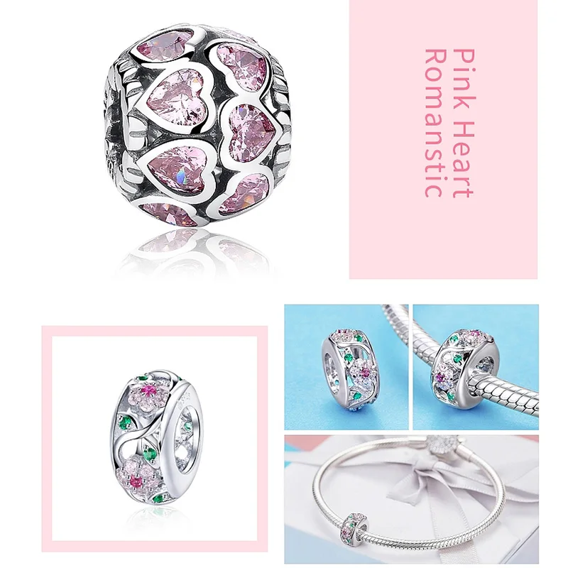 WOSTU 100% 925 Sterling Silver Pink Zircon Crystal Beads Hollow-carved Charm for Making Jewelry Fit Original Bracelet Pendant