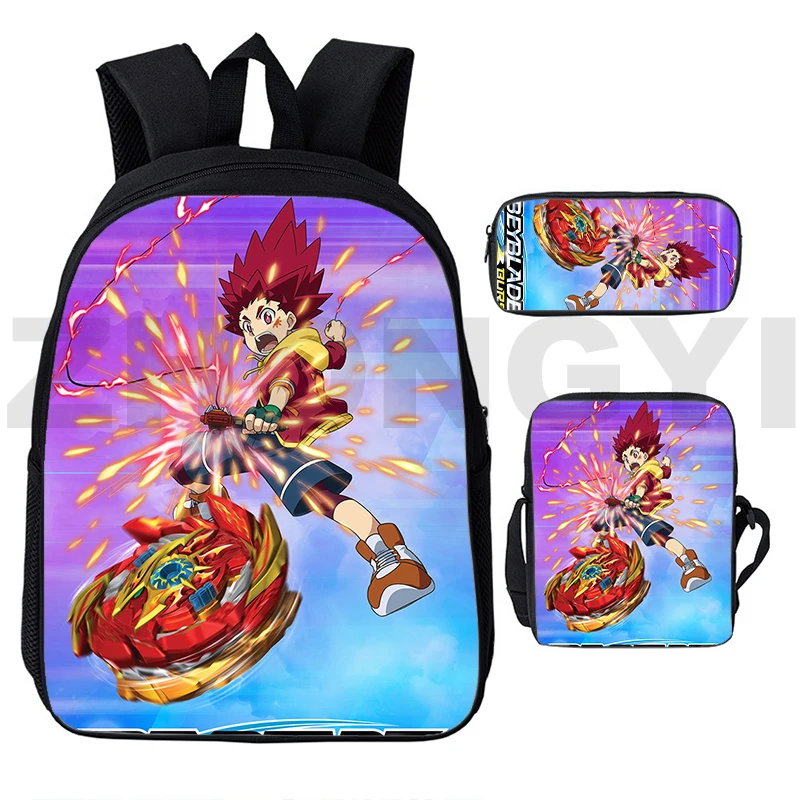 Baru 3D Beyblade Burst Anime ransel sekolah untuk anak laki-laki 3 In 1 tas tangan kanvas trendi tas buku kartun anak-anak tas Makeup perjalanan sehari-hari