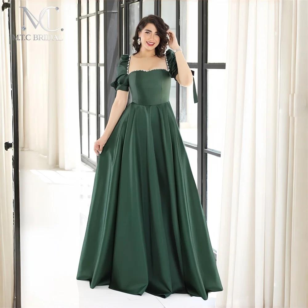 

New 2026 Dark Green Long Formal Evening Dress Sweetheart A Line Short Sleeves Chic Crystals Satin Plus Size Prom Party Gowns
