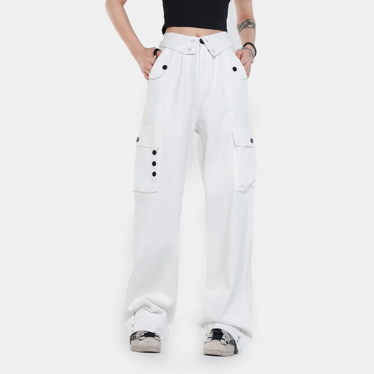 OR FL Autumn Trendy Brand American style 100 Cotton Women Cargo Trousers Retro Slacks Wide Leg Pants Women's High-waisted Pants