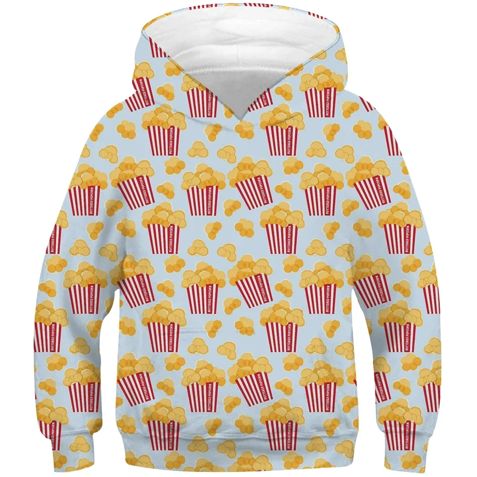 4-13 Year Boys Girl Food Popcorn 3d Print Costume Hoodies Spring Autumn Kids Hooded Sweatshirts Children Casual Clothes Pullover