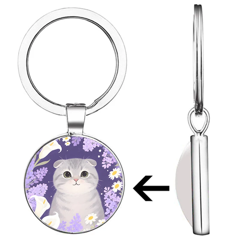 TAFREE Cute Pet Series: Smiling Cat in the Flower Sea Round Photo time gem glass alloy keychain Pendant girl Gifts DCY329