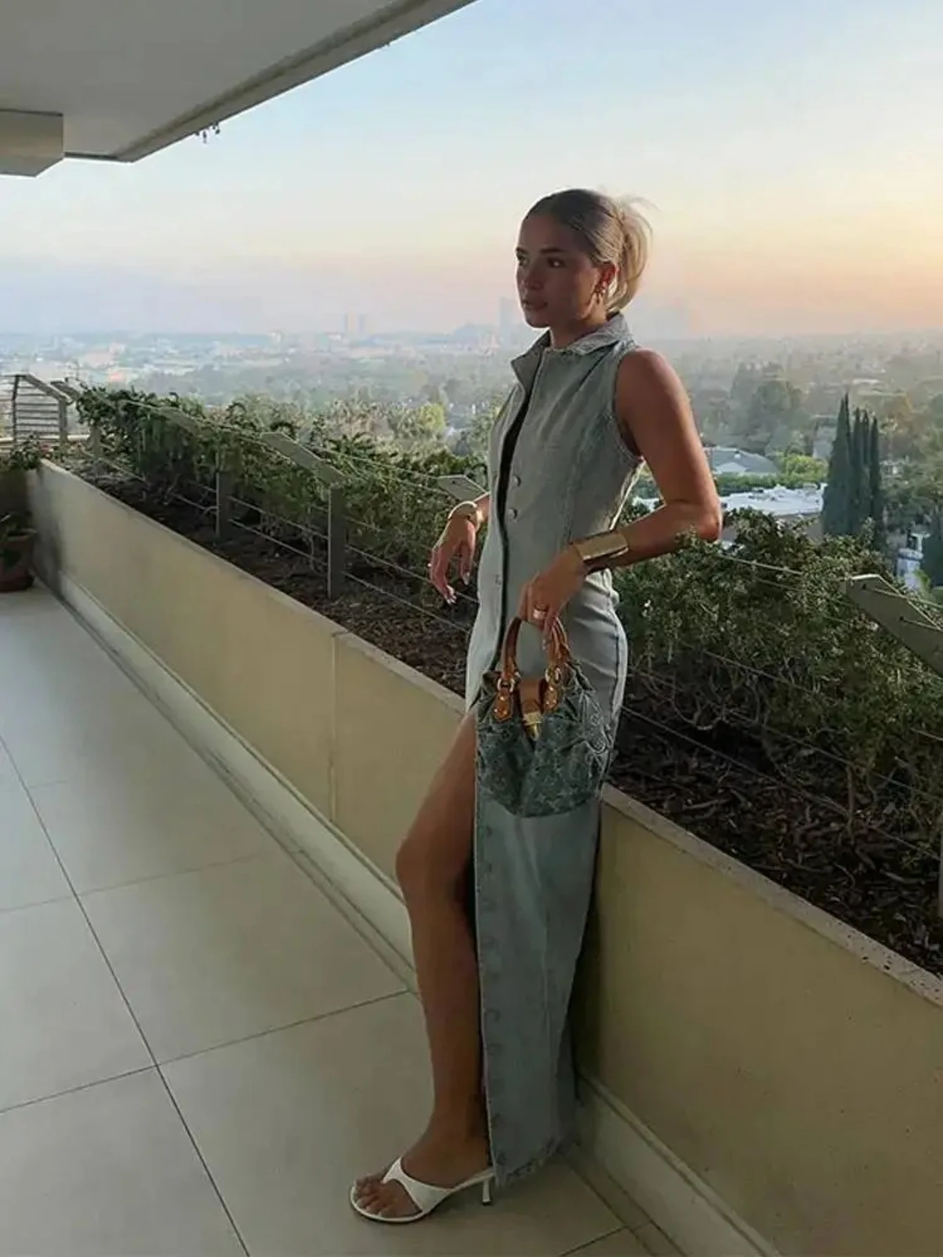 Abito da donna con spacco frontale monopetto in denim da cowboy senza maniche 2025 Abiti casual femminili di moda estiva