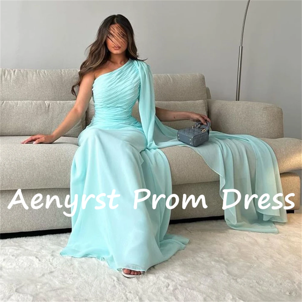 Aenyrst Simple One Shoulder Pleated Prom Dresses Chiffon Straight Saudi Arabia Evening Gowns Floor Length Formal OccasionDress