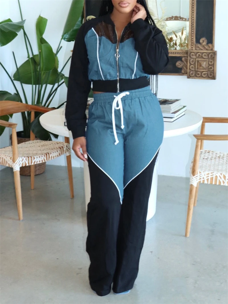 

Streetwear 2 Piece Sets Women Outfit Spring Clothes Women 2025 Mesh Patchwork Denim Top and Pant Sets Casual Sweatsuit Set Woman