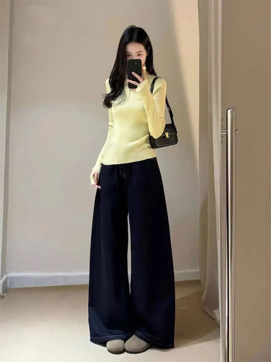 

Большие размеры, широкие джинсы с высокой талией, американские повседневные свободные женские джинсовые брюки, осень-зима, прямые брюки для похудения...