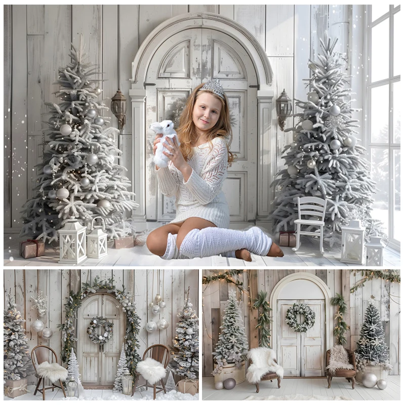 White Christmas Backdrop Xmas Tree Gift Window Indoor Wooden Door Board Winter Kids Family Portrait Photography Background Decor