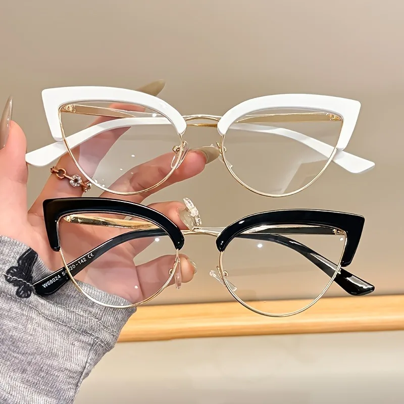 2 Pairs of Fashionable Small Frame Cat Eye Reading Glasses - Lightweight PC Metal Half Frame, Available in White/black