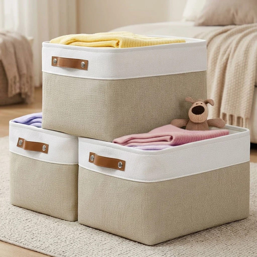 3‑Pack Canvas Fabric Storage Baskets 15×11×9in, Structured Upright Fabric Bins With Faux Leather Handles For Closet & Shelf Organization
