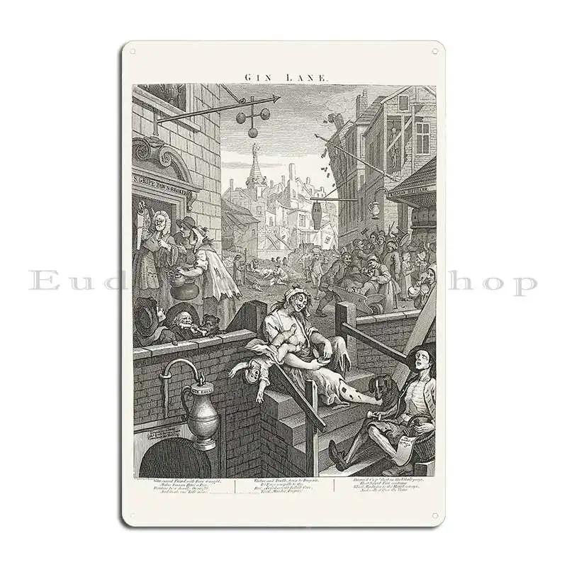 Gin Lane William Hogarth 1697 1764 18th Century Engraving Print Metal Plaque Poster Living Room Cave Customized Pub Rusty