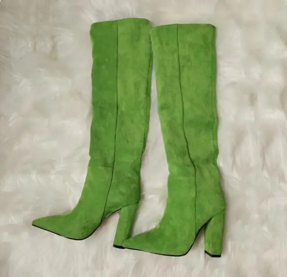 

Hot Woman Green Beige Brown Suede Block Heel Pleated Tube Slip On Knee High Boots Women Pointed Toe Long Botas Shoes Size 45