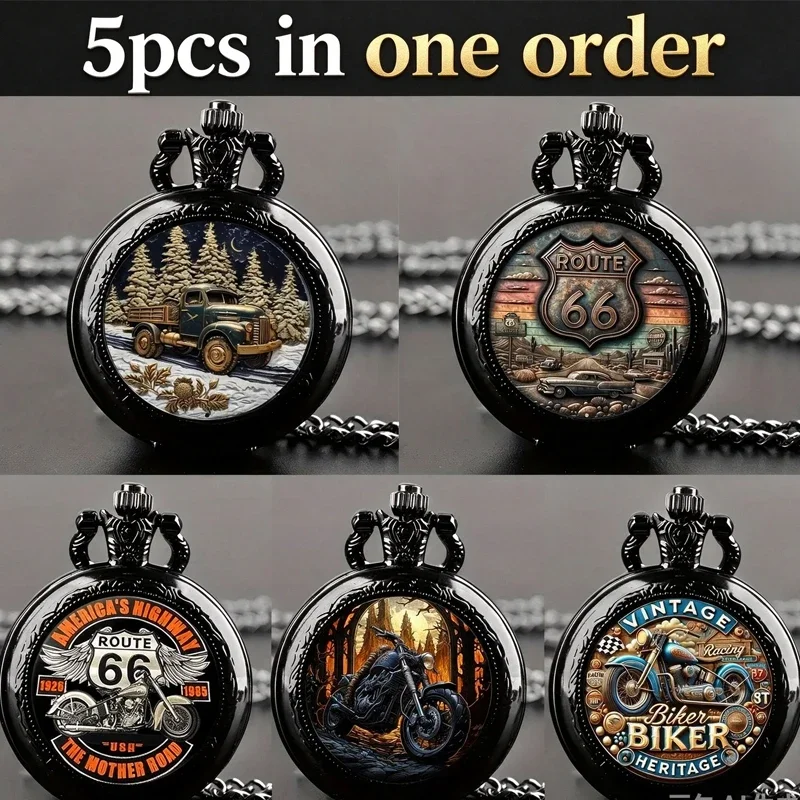 5Pcs Retro Route 66 Pocket Watch Necklace Vintage Black Case Quartz Pocket Watch Motorcycle Truck Printed Pendant Watch