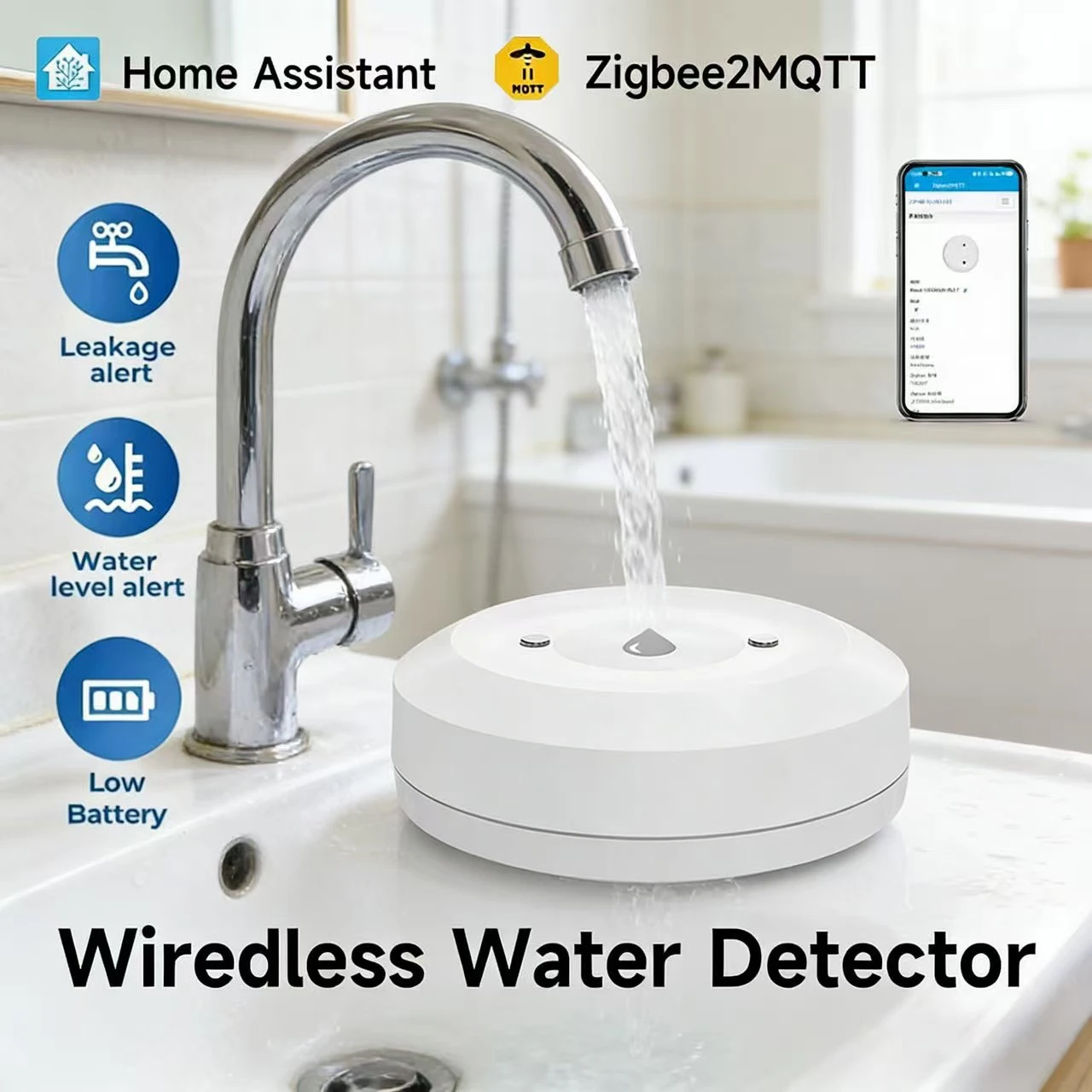 Smart ZigBee3.0 2MQTT Water Leakage Sensor Flood Overflow Alarm APP Remote Monitoring Work with Home Assistant Security Detector