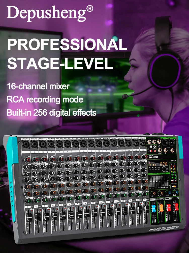 16 Channels Audio Sound Mixer Depusheng Mixing DJ Console USB with 48V Phantom Power 256 DSP Effects Sound Table for stage