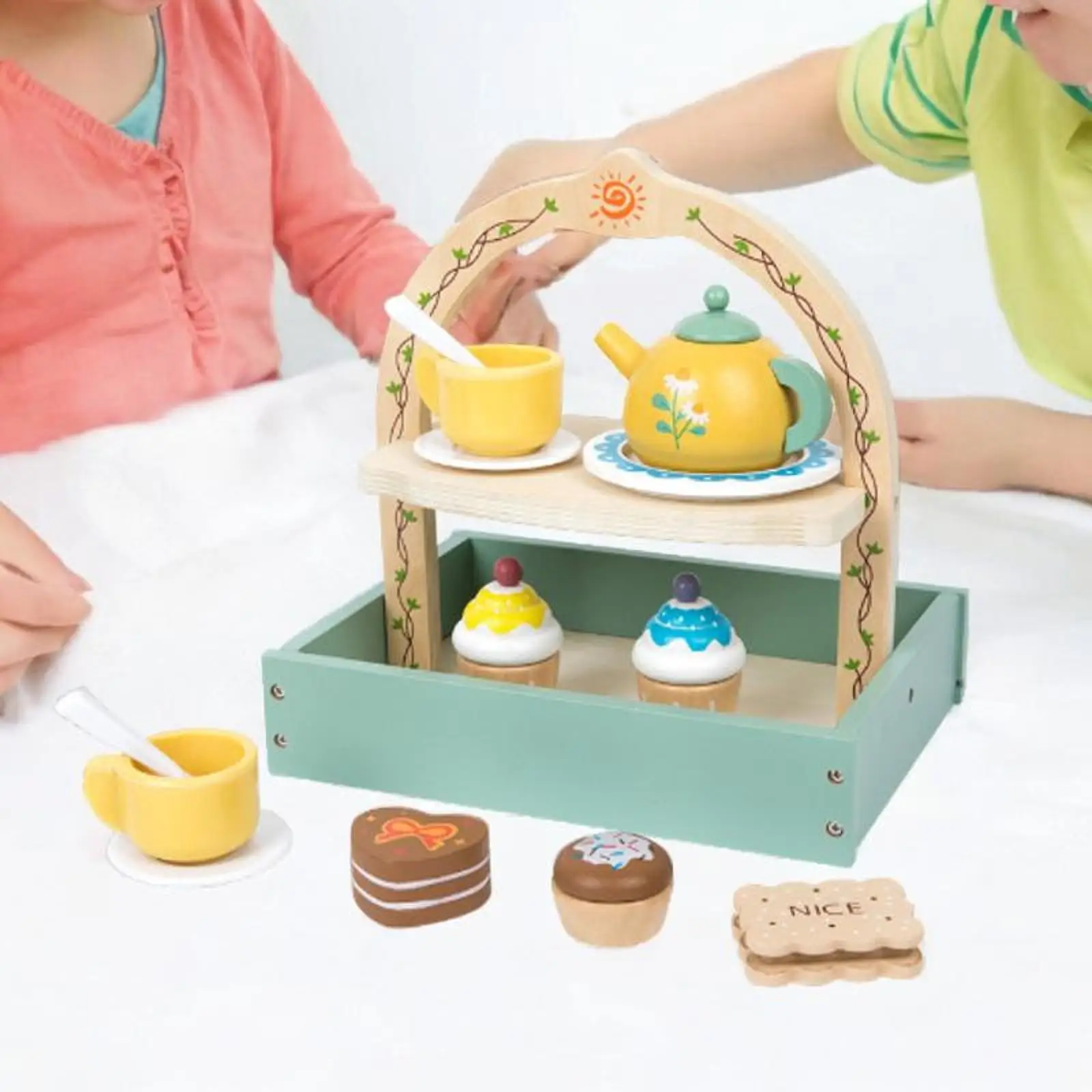 Afternoon Tea Party Tea Party Tableware Color Matching Kitchen Play Set Wooden Food Play Toy for Children Girls Boys Toddlers