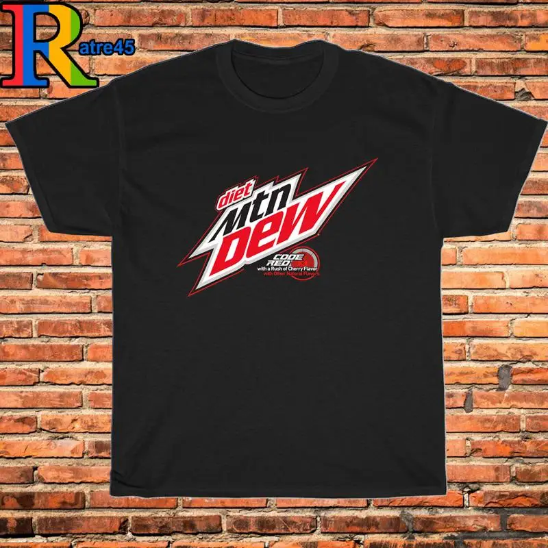 Camiseta Mountain Dew Code Red Soda Drink com logotipo em preto, cinza, branco e azul marinho, tamanho S a 5XL