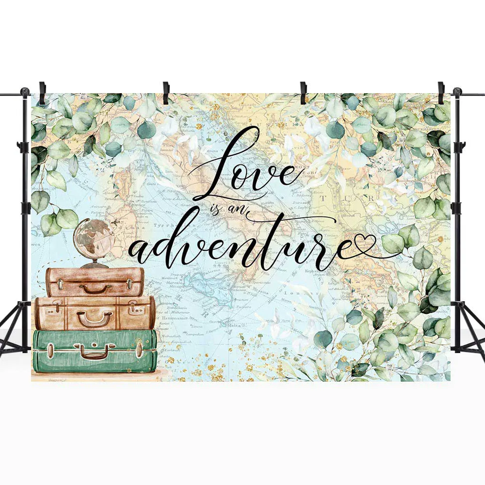 Mocsicka Love is an Adventure Photo Background Travel around the World Green Leaves Wedding Photography Backdrop Photocall Props