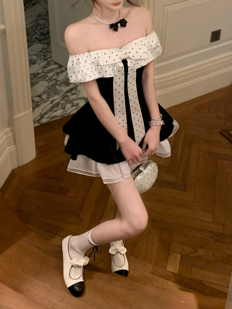 French Sweet Polka Dot Off-the-shoulder Dress Women Ruched Princess Dress Cute Sweet Party Mini Dresses Aesthetic Slim Clothing