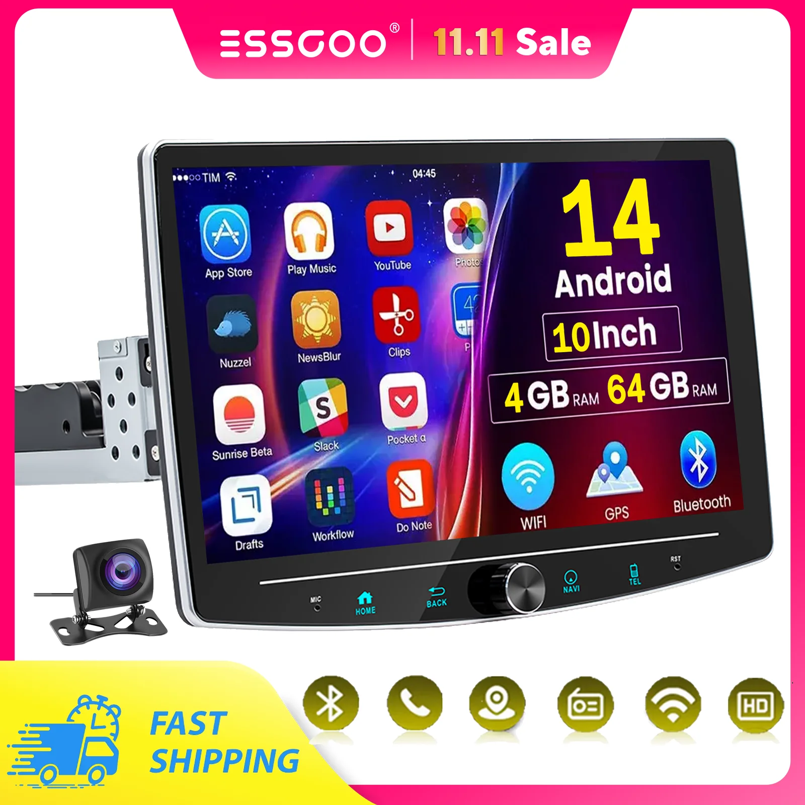 4 + 64GB único 1 Din Android 14,0 10,1 "Universal inalámbrico Carplay Radio estéreo para coche reproductor Multimedia GPS Navi WIFI Android Auto