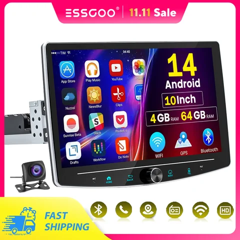 4+64GB Single 1 Din Android 14.0 10.1" Universal Wireless Carplay Car Stereo Radio Multimedia Player GPS Navi WIFI Android Auto
