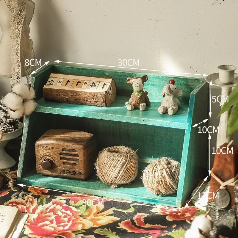 Tabletop Cosmetic Storage Box Wooden Double Retro Table Cup Shelf Wooden Office Storage Shelf