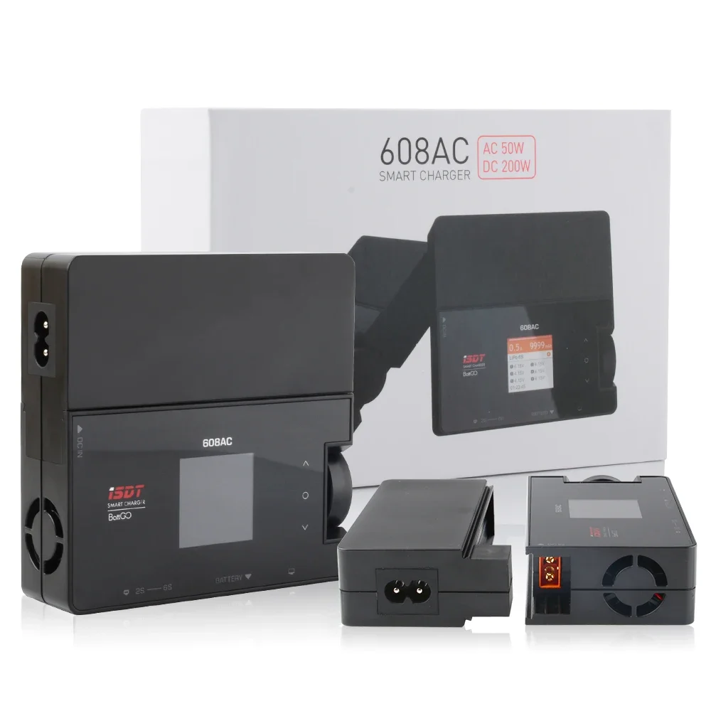 ISDT 608AC AC 50W DC 200W Caricatore/scaricatore a bilanciamento rapido Batteria intelligente BattGo con alimentatore staccabile per LiFe LiPo Lilon