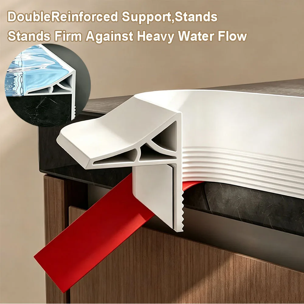 Self‑Adhesive Silicone Water Barrier Strip Double‑Rib Water Stop Dam Waterproof Sealing Guard for Kitchen Vanity Counter Edge