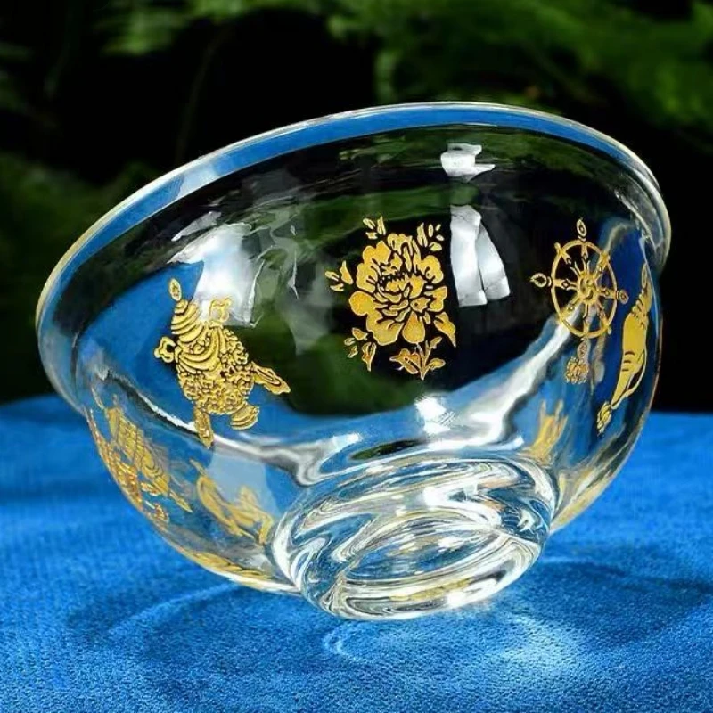 Buddhism Altars Crystal Bowl,Engraving Golden Auspicious Exquisite Texture Cup,Tibetan Handicraft Holy Water Bowl Buddhist Item - Image 4