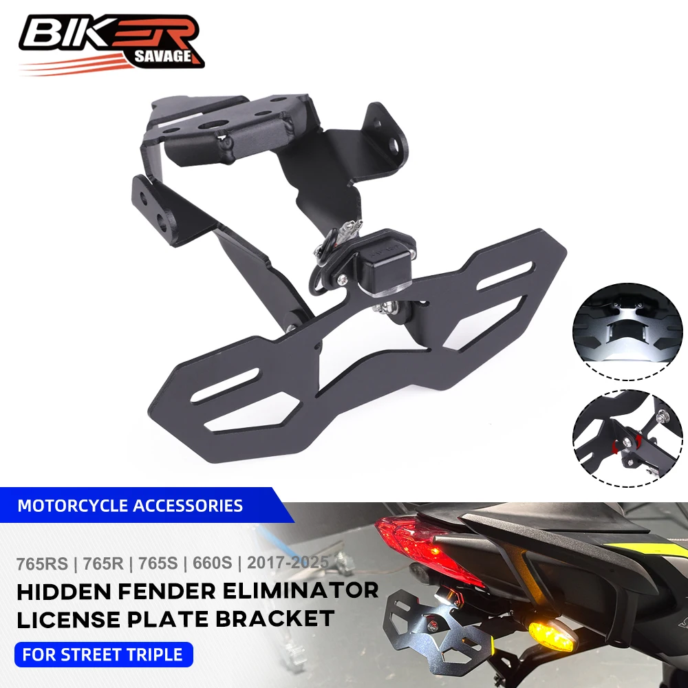 

765R 2025 Hidden License Plate Bracket For Street Triple 765RS 765S 660S 2017 Foldable Tail Bracket LED Light Fender Eliminator