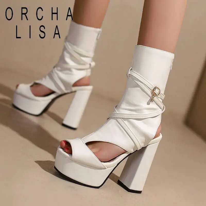 

ORCHA LISA Design Shoes Lady Summer Boots Peep Toe Zipper Cross Strap Ultrahigh Heel 12.5cm Platform 4.5cm Fashion 50 Big Size