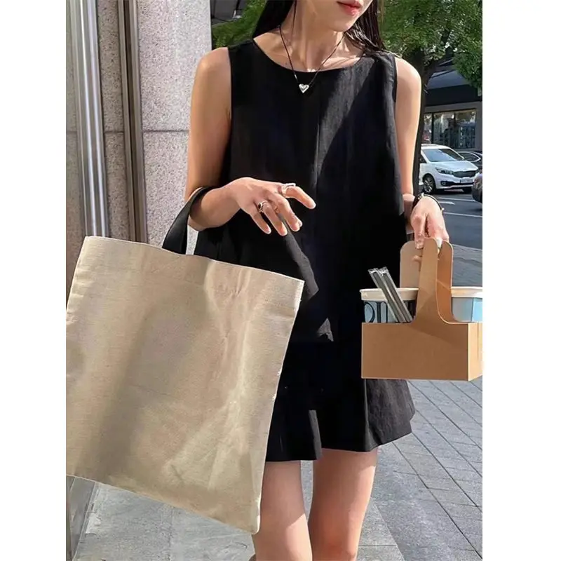 Women Summer Cotton and linen Simplicity Solid color O-neck sleeveless tank top Ladies Casual Appear thin wide leg Two piece set