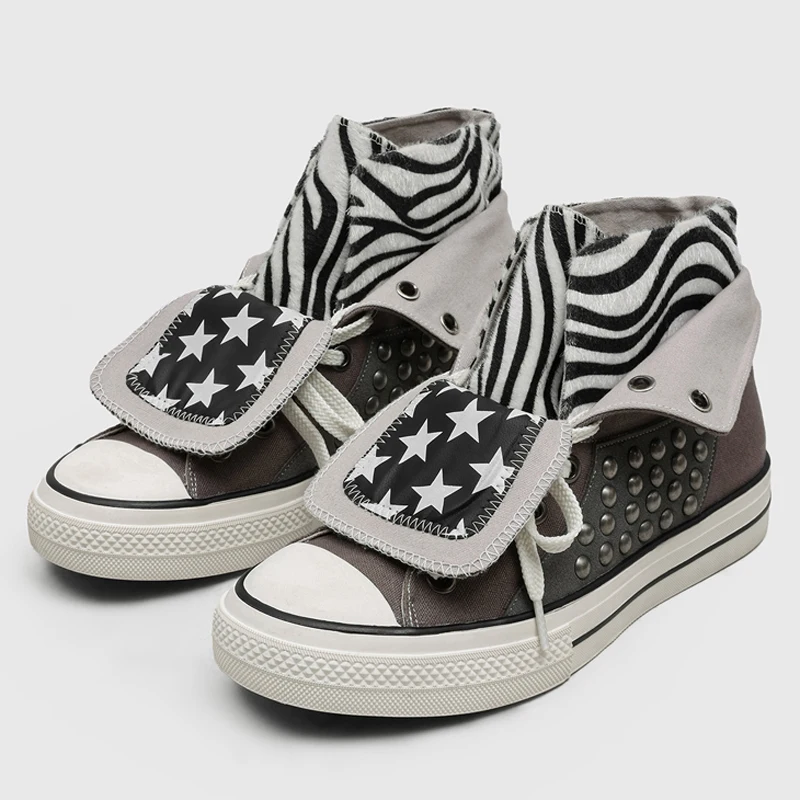 Men High Top Canvas Shoes Striped Flip Ankle Boots Lace Up Thick Soled Casual Skateboarding Shoes Suitable Daily Street Wear