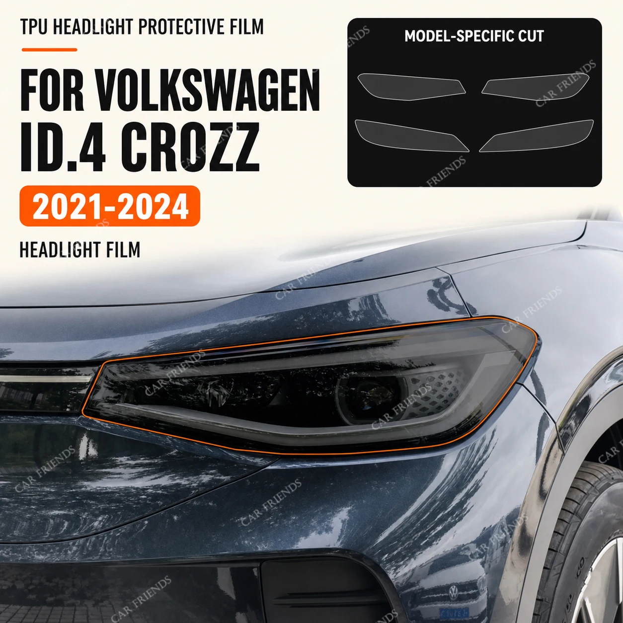 2x Custom Fit TPU Headlight Protective Film for Volkswagen ID.4 Crozz 2021-2024 Clear