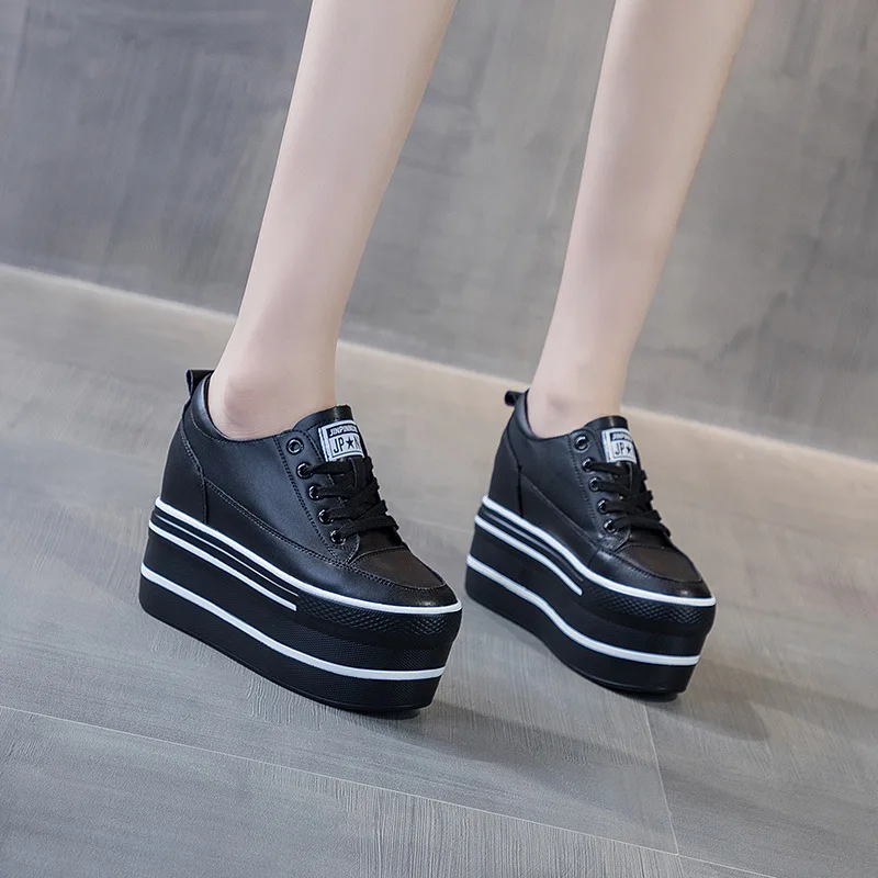 Genuine Leather Platform Shoes For Women Spring Autumn High Heels Wedges Women Sneakers Black White Shoes Sneakers