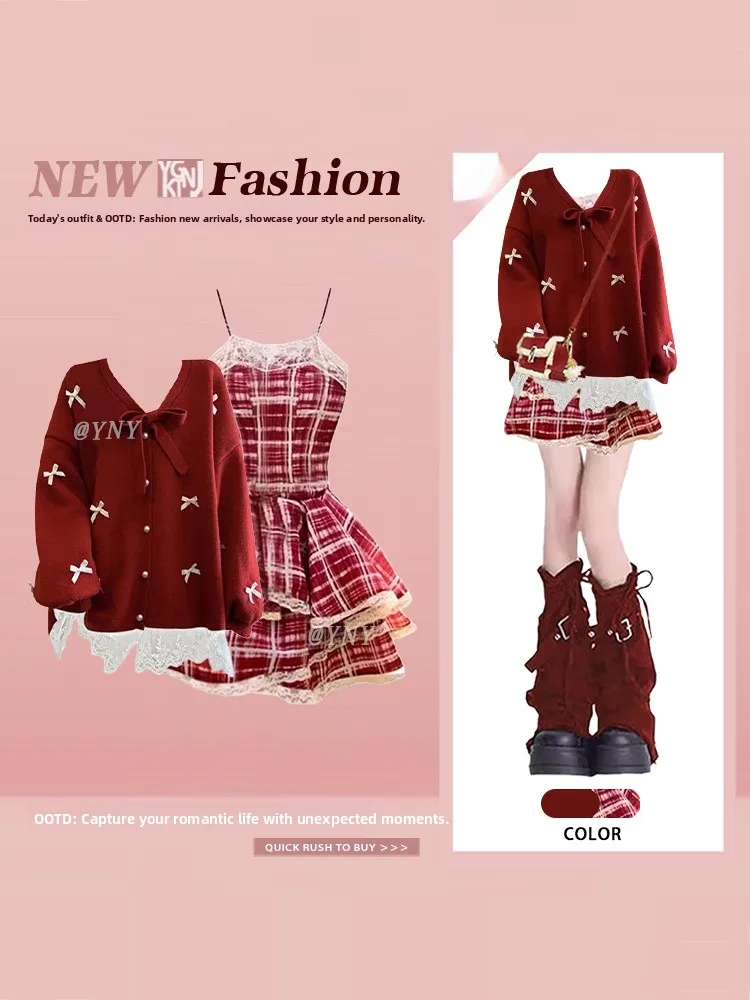 

Зимний комплект Cisas, красный вязаный свитер с галстуком-бабочкой, клетчатая юбка Sweet Sle Long Sve, повседневная одежда для женщин