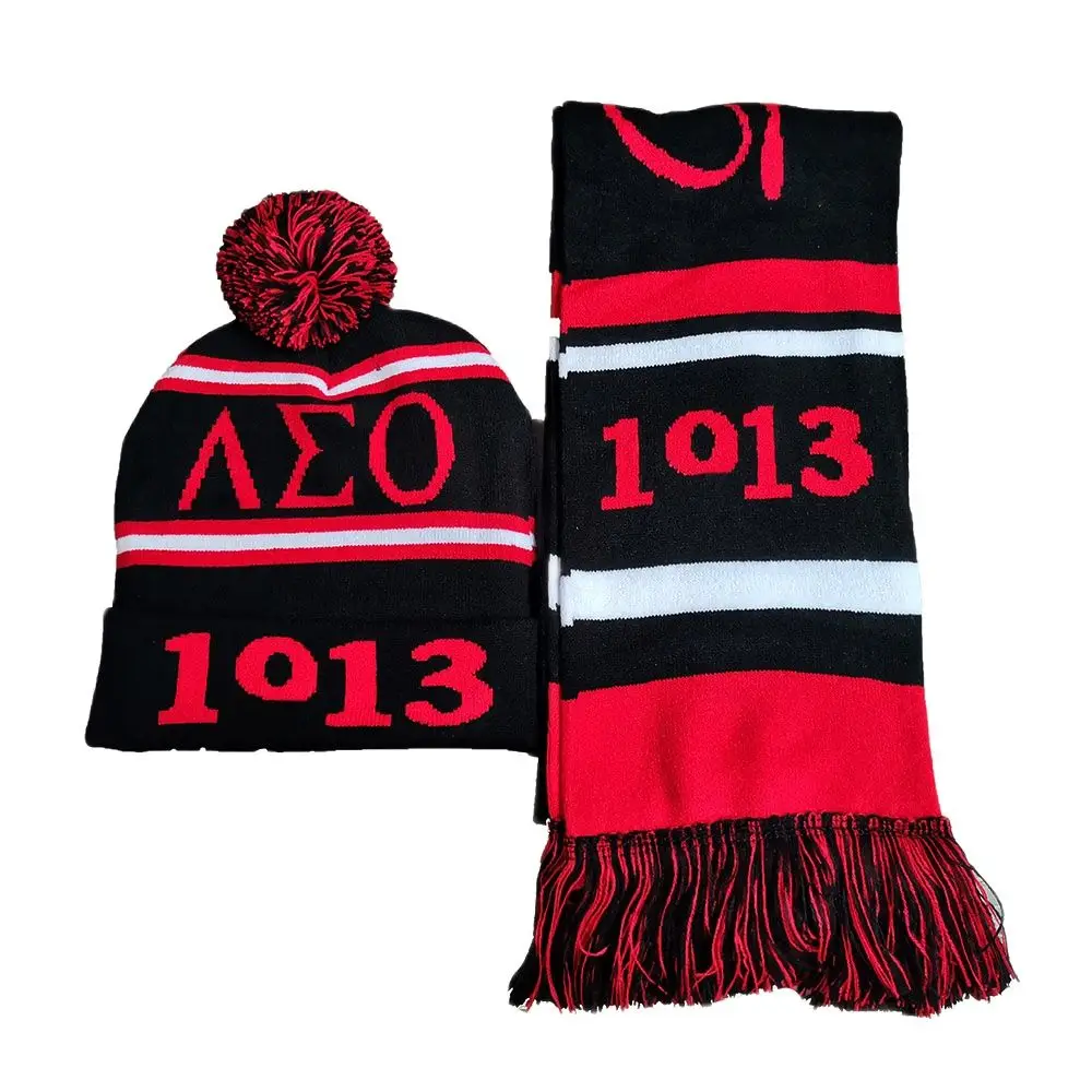 Women's Black Red Greek Letter Scarf Set Winter Knitted Warm Scarf