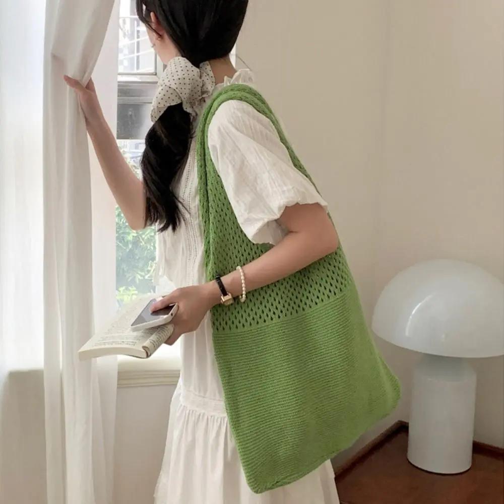 

Solid Color Knitting Shoulder Bag Hollow Out Large Capacity Bohemian Crochet Tote Bag Versatile Casual Woven Handbag Travel