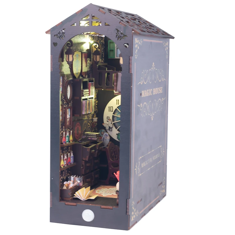 DIY ไม้ Magic House Book Nook ชั้นวางชุด Miniature ชุดชั้นวางหนังสือ Light Bookend สําหรับของขวัญวันเกิดเพื่อน