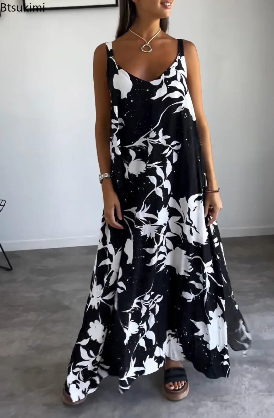 New Women's Summer Colorful Splash Ink Print Beach Vacation Street Dresss Fashion Flower Suspender Long Skirt Loose Dress Female