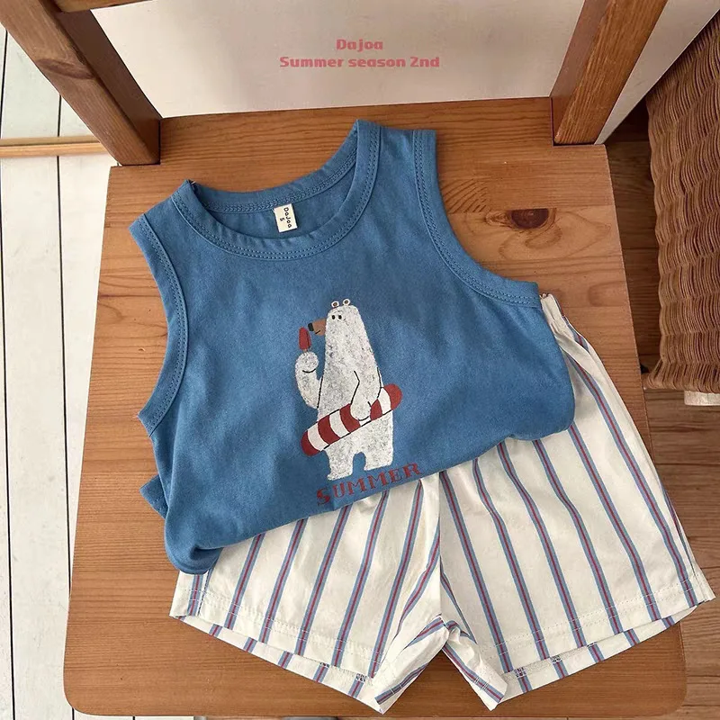 New Cartoon Baby's Sets Vest Striped Shorts Set Korean Children's Clothing 2026 Summer Boys and Girls Set Two-piece Set