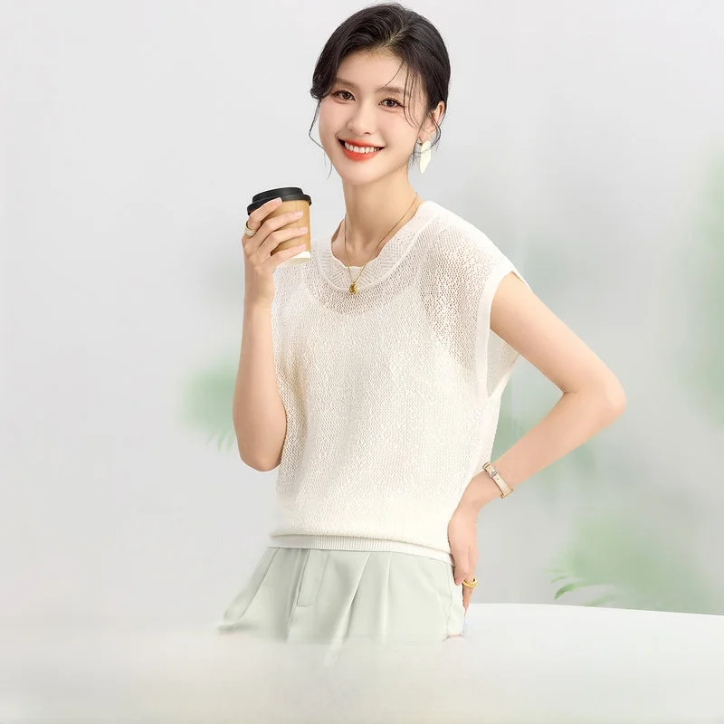 

Women's Silk Hollow out Svel round Ne T-irt Pure Color Summer Top Casual Sle Polyester Blend Comfortable Fit