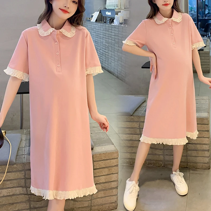 Summer New Maternity Dress Loose Plus Size Dress Lace Patchwork Improved Pregnant Woman Solid Color Stand Collar Dress