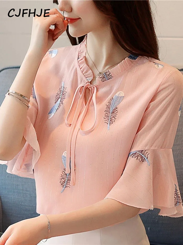 2022 Summer Feather Printed Women's Shirt Korean Slim Lace-up Blusa Feminina Chiffon Short Sleeve Top Blusas XXL