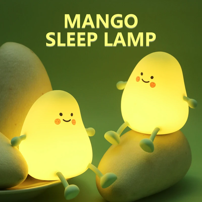 Cute green Mango Night Light USB Rechargeable Silicone Fruit Lamp Gift For Kid\'s Bedroom Bedside Decor Couple Baby Nightlights