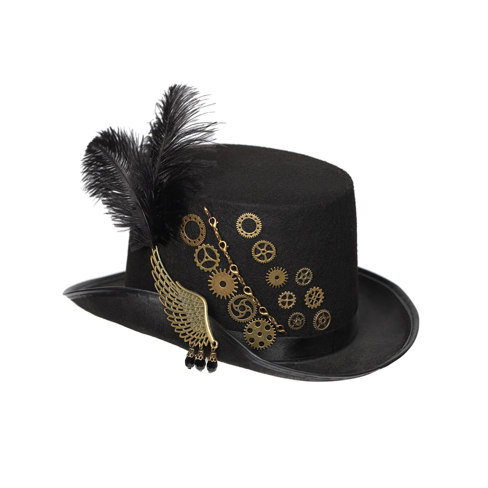 Steampunk Hat with Wing, Gears, Feather Black Top Hat Performanc Handmade Stage Hat Industrial Age Costume for Punk Cosplay Part